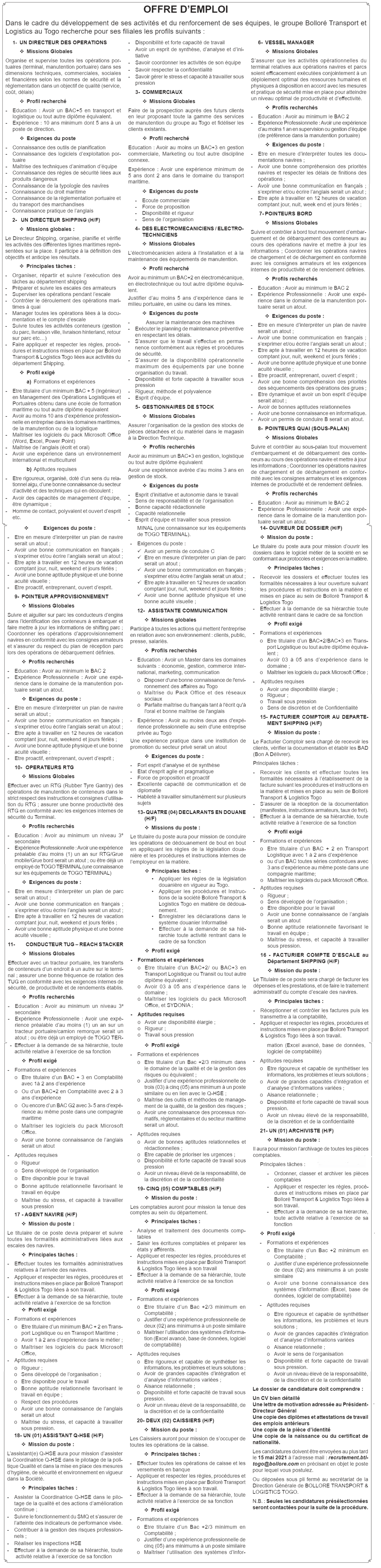 Recrutement de 01 Un Directeur des Opérations, Un Directeur Shipping (H/F) , des Commerciaux